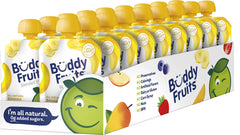 Buddy Fruits banana applesauce pouch front view, kid-friendly on-the-go snack.
