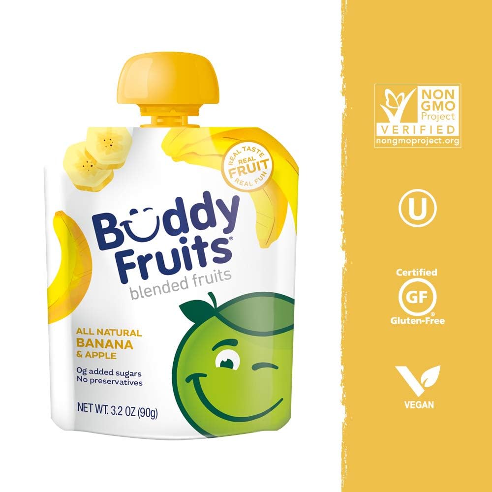 Buddy Fruits banana applesauce pouch open, showing pure blended fruit with no added sugar.