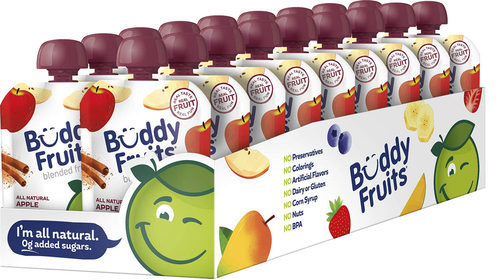 Buddy Fruits Cinnamon Unsweetened Applesauce pouch front label showcasing no added sugar and real fruit