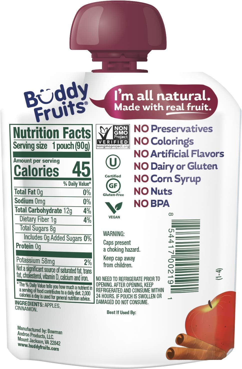 Kids lunchbox with Buddy Fruits Cinnamon Unsweetened Applesauce pouch illustrating a gluten-free, dairy-free snack