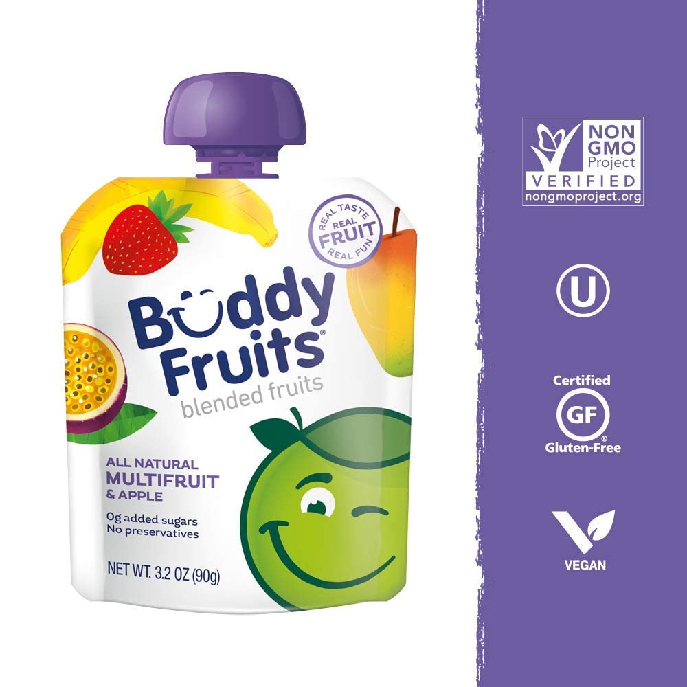 Buddy Fruits variety-pack box image emphasizes 24-pouch bundle
