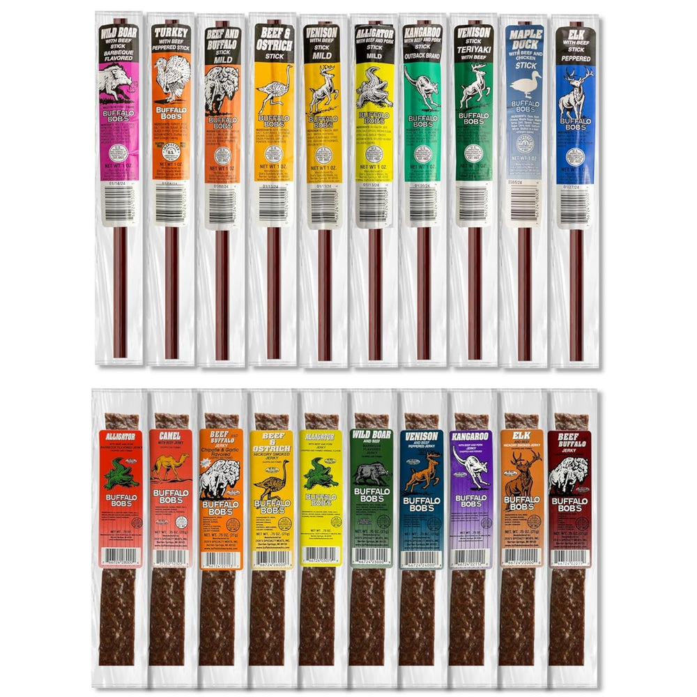 Buffalo Bob's 20-piece sampler pack: diverse exotic jerky and sticks for outdoor snacking.