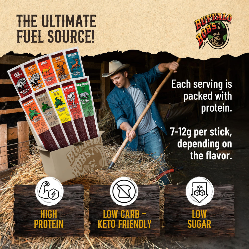 Buffalo Bob's Exotic Jerky 10-Pack flavor variety display for tastings.