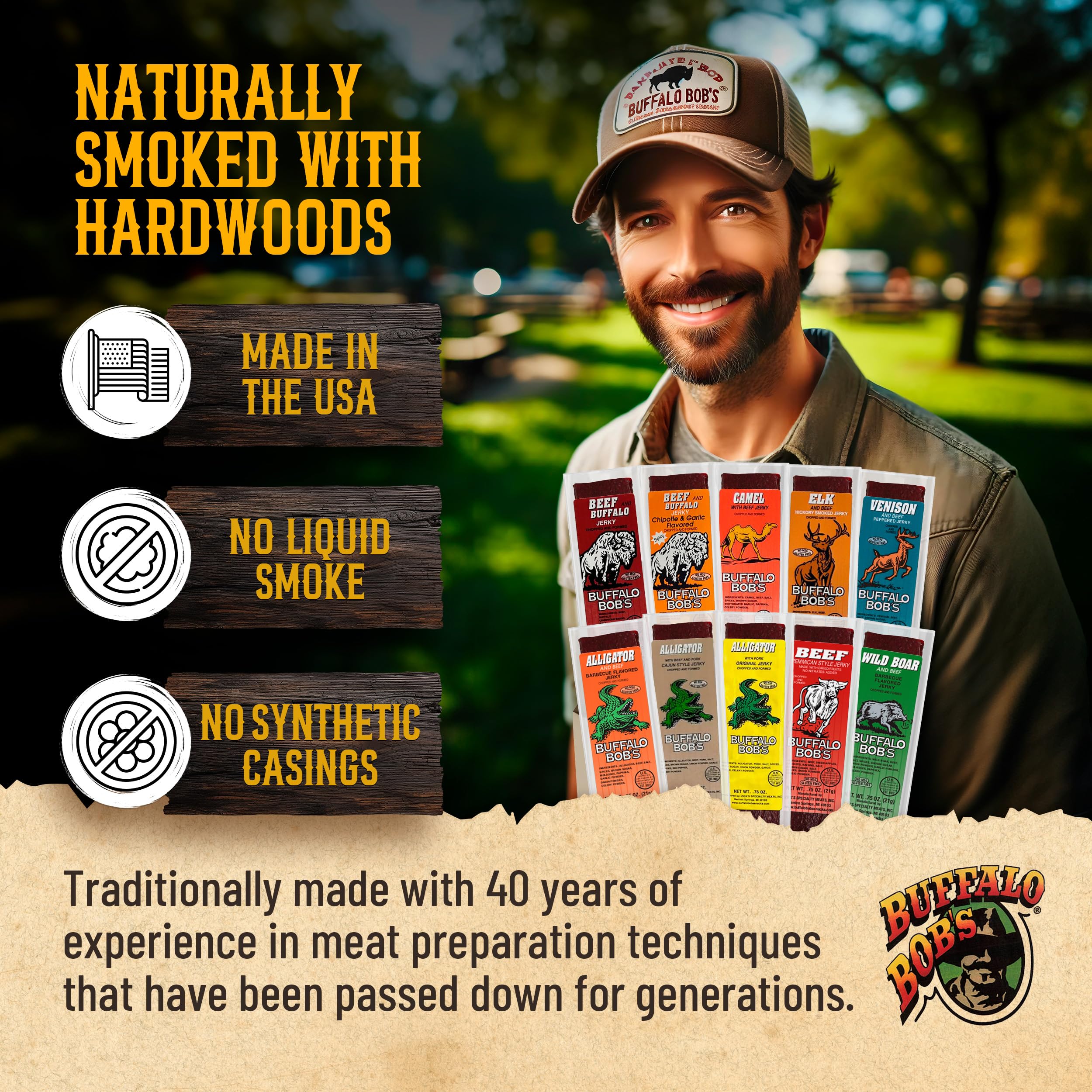Buffalo Bob's Exotic Jerky individually wrapped sticks for on-the-go snacking.