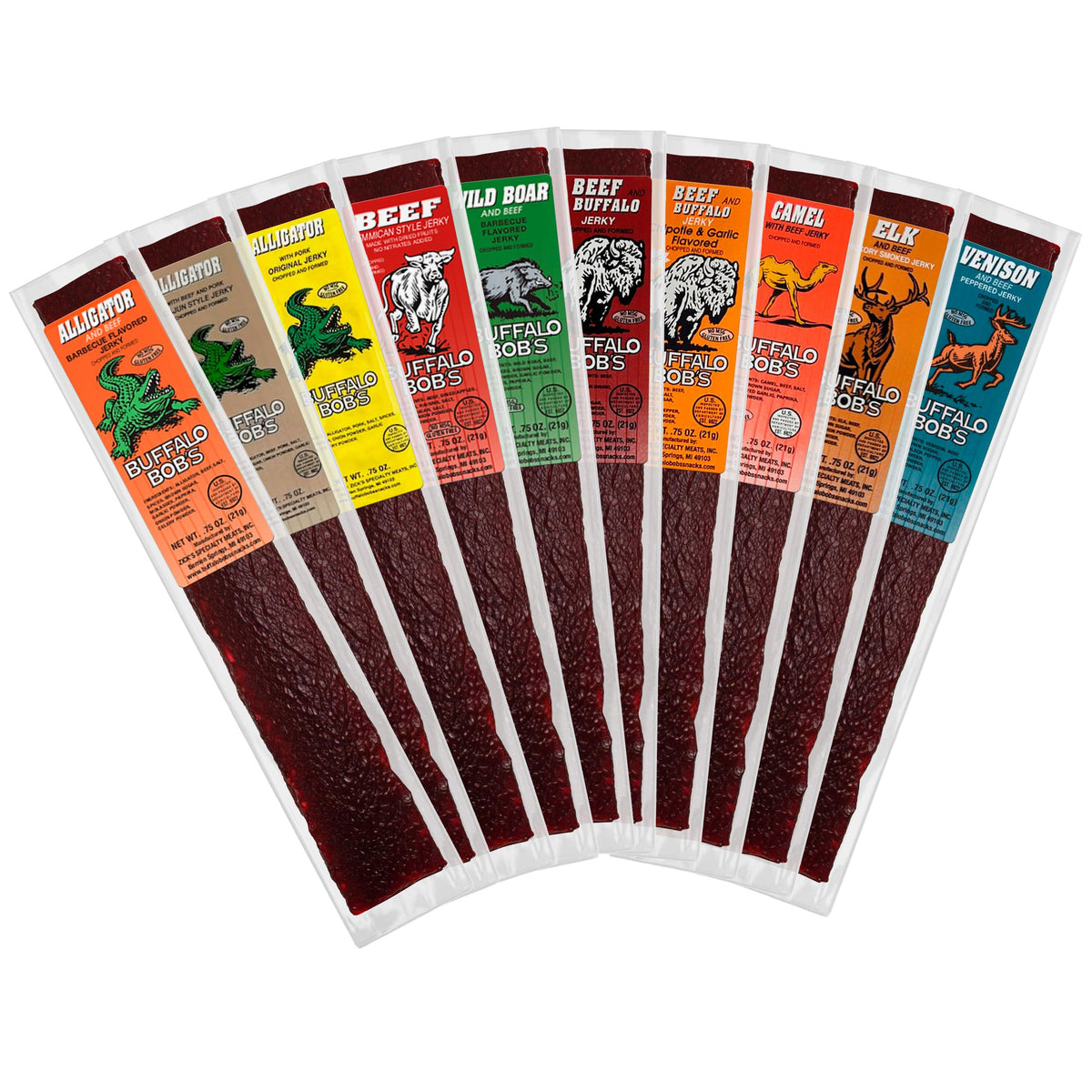 Buffalo Bob's Exotic Jerky 10-Pack packaging highlights gift-ready variety for snack lovers.