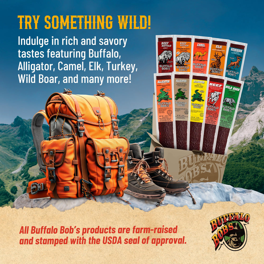 Buffalo Bob's Exotic Jerky Elk with Hickory Smoked flavor close-up.