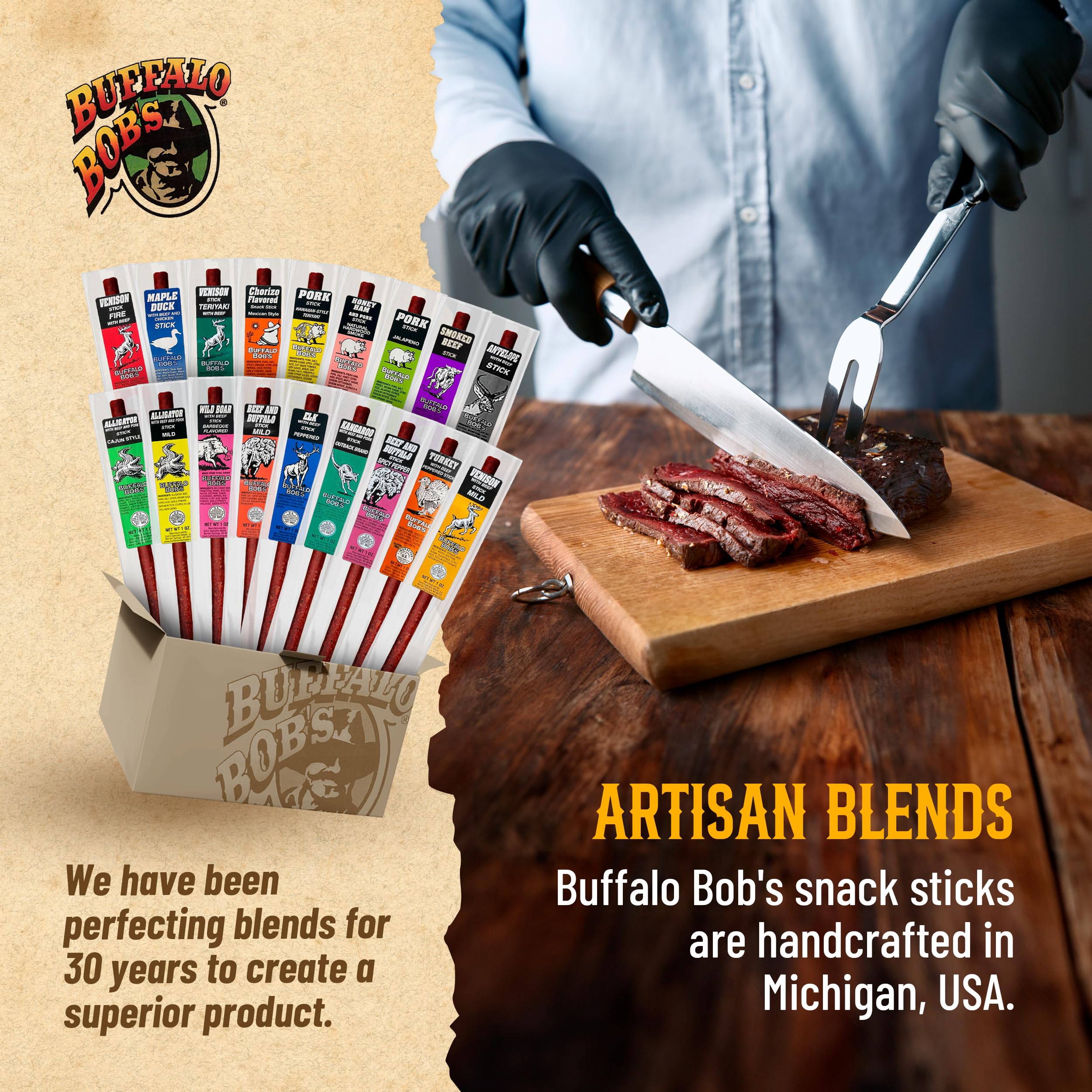 Buffalo Bob's turkey beef peppered stick; versatile snack.