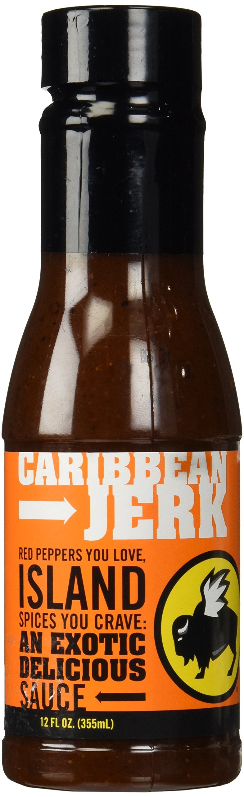 Buffalo Wild Wings Caribbean Jerk sauce bottle with glossy label for grilled favorites.