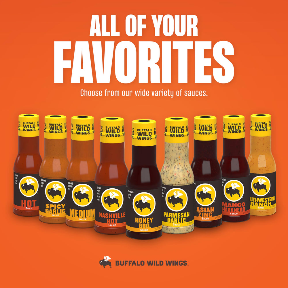 Buffalo Wild Wings Honey BBQ sauce ready to pour on grilled chicken.