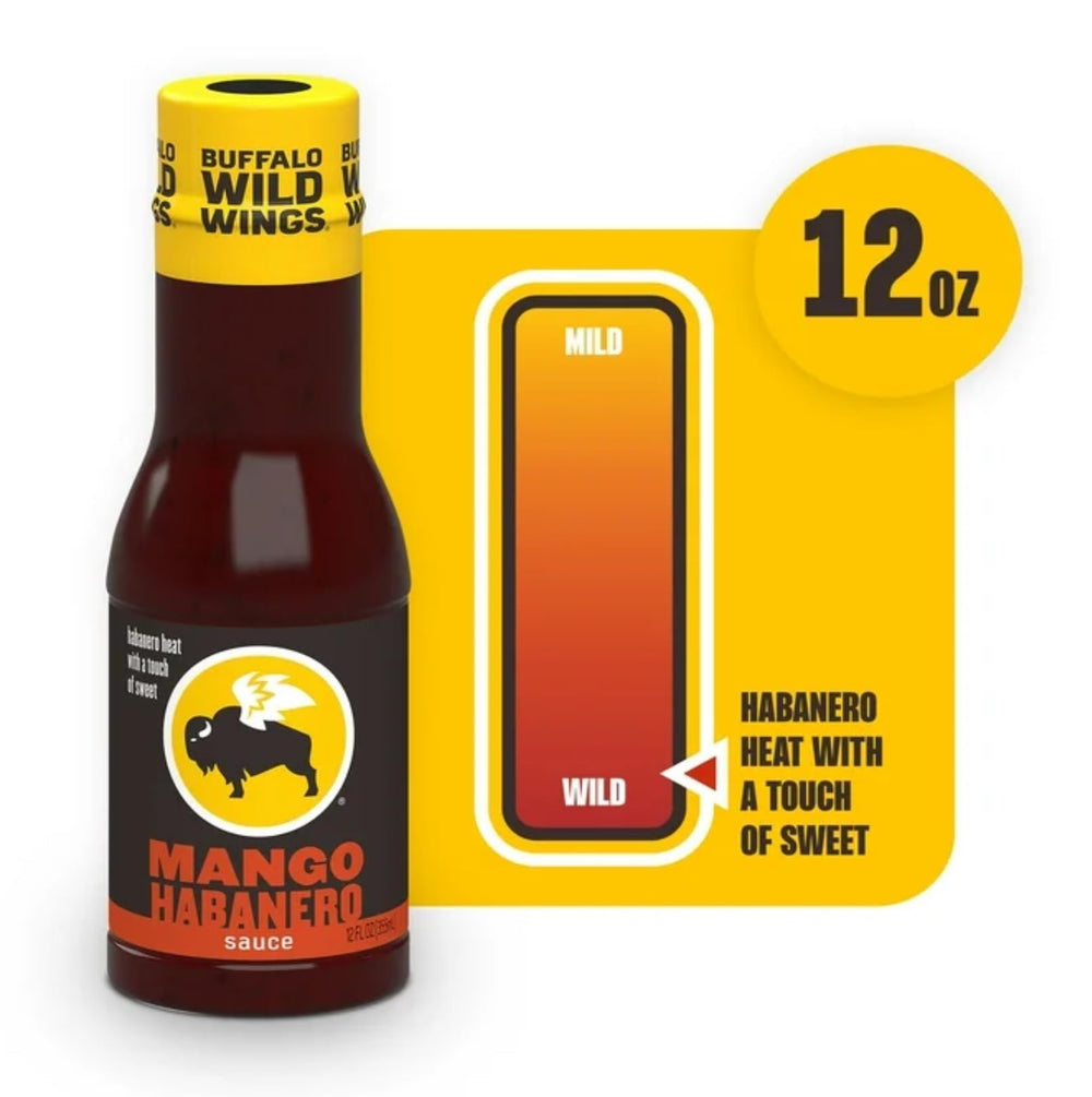 Buffalo Wild Wings Mango Habanero sauce label closeup highlighting real mango puree