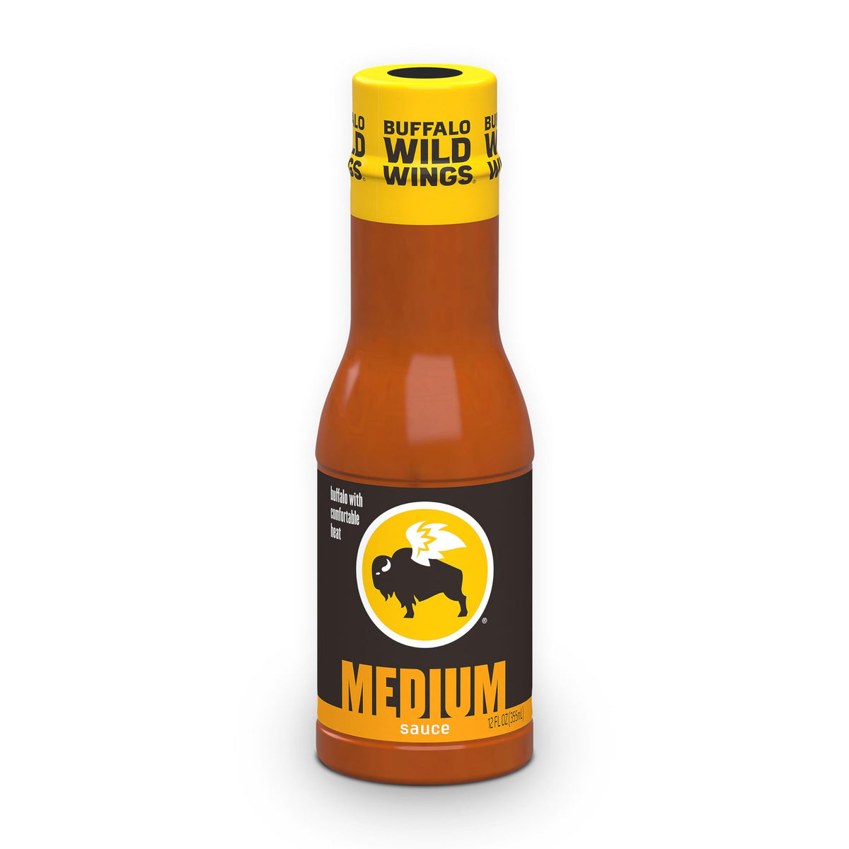 Buffalo Wild Wings Medium Buffalo Sauce bottle pouring over wings for bold flavor