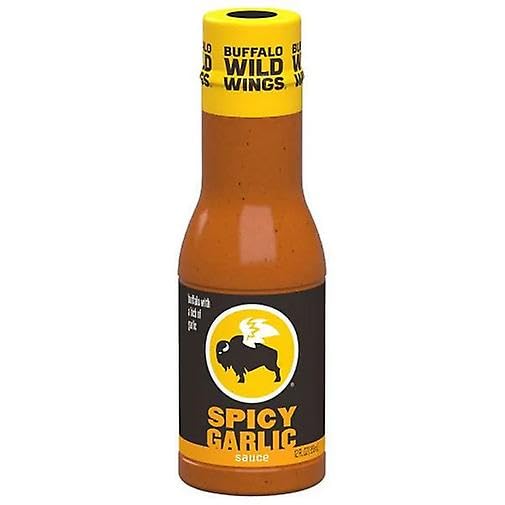 Buffalo Wild Wings Spicy Garlic Buffalo Sauce bottle adds bold garlic heat to wings.