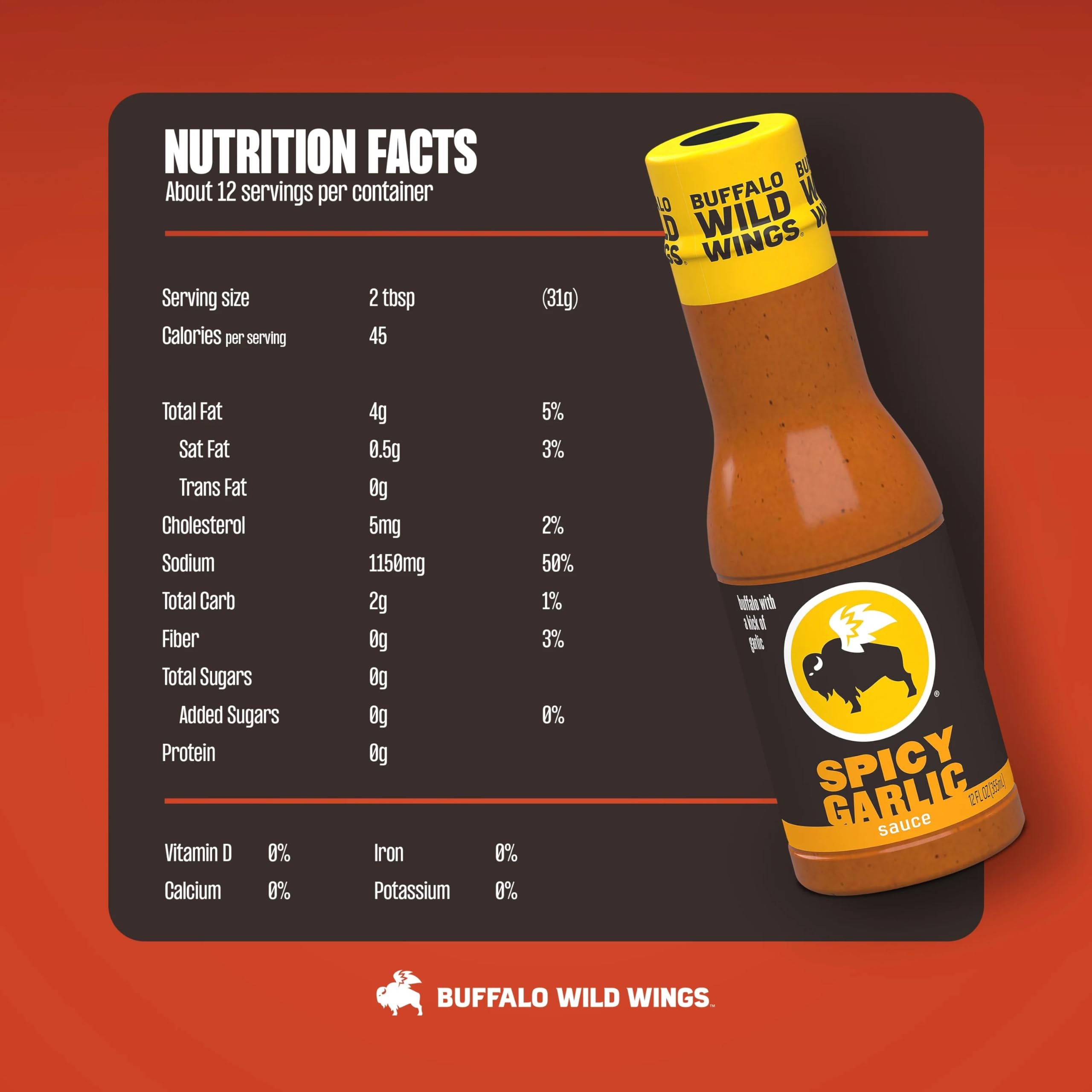 Buffalo Wild Wings Spicy Garlic Buffalo Sauce for dipping delivers rich garlic heat and tang.