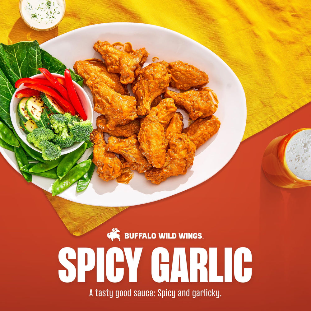 Buffalo Wild Wings Spicy Garlic Buffalo Sauce glaze adds glossy heat on surfaces.