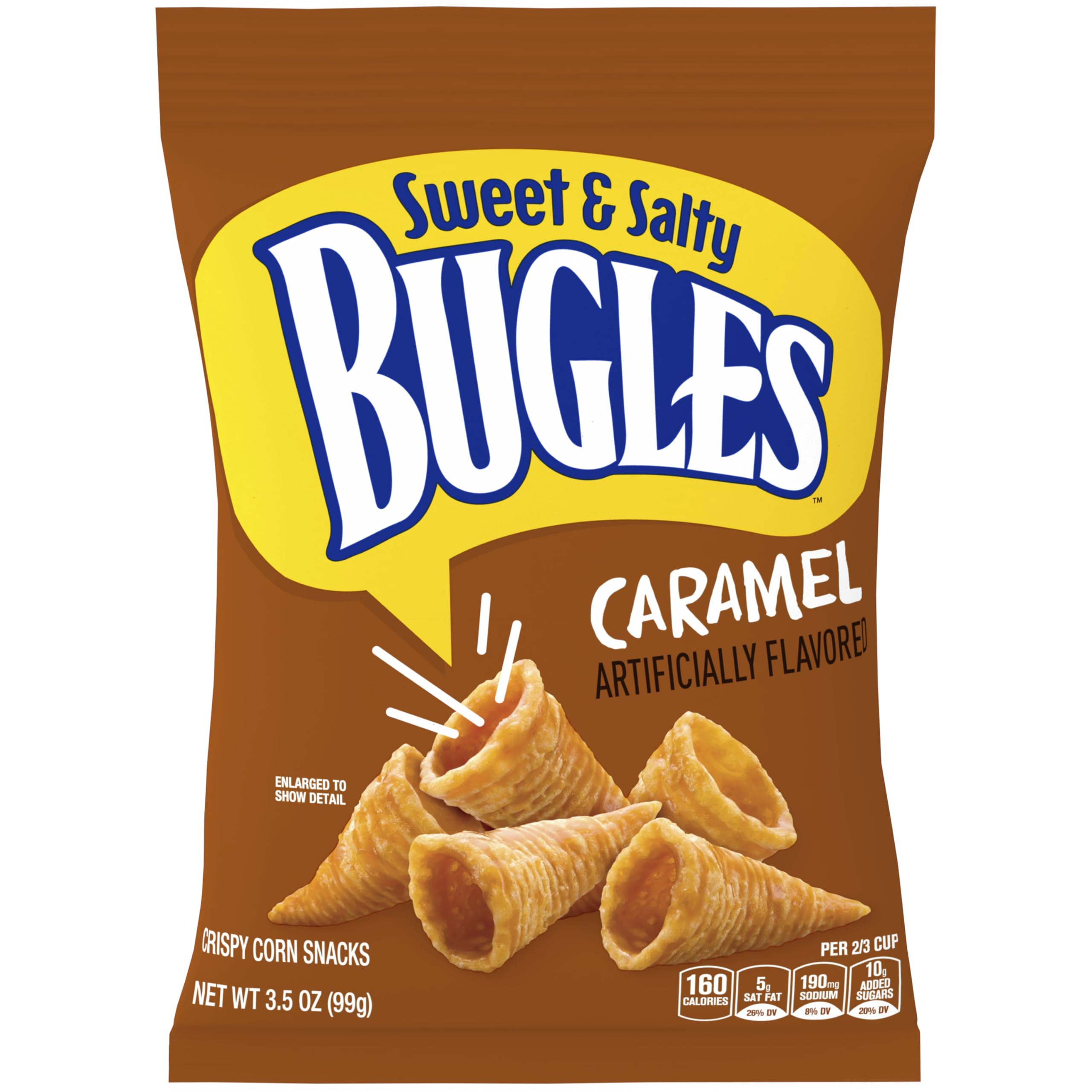Bugles Caramel Snacks seven-pack packaging for convenient snacking.