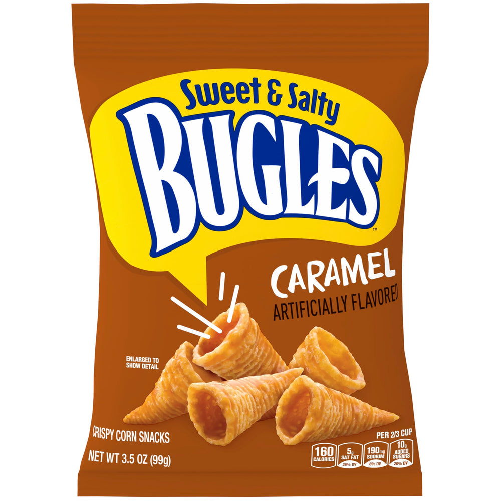 Bugles Caramel Snacks seven-pack packaging for convenient snacking.