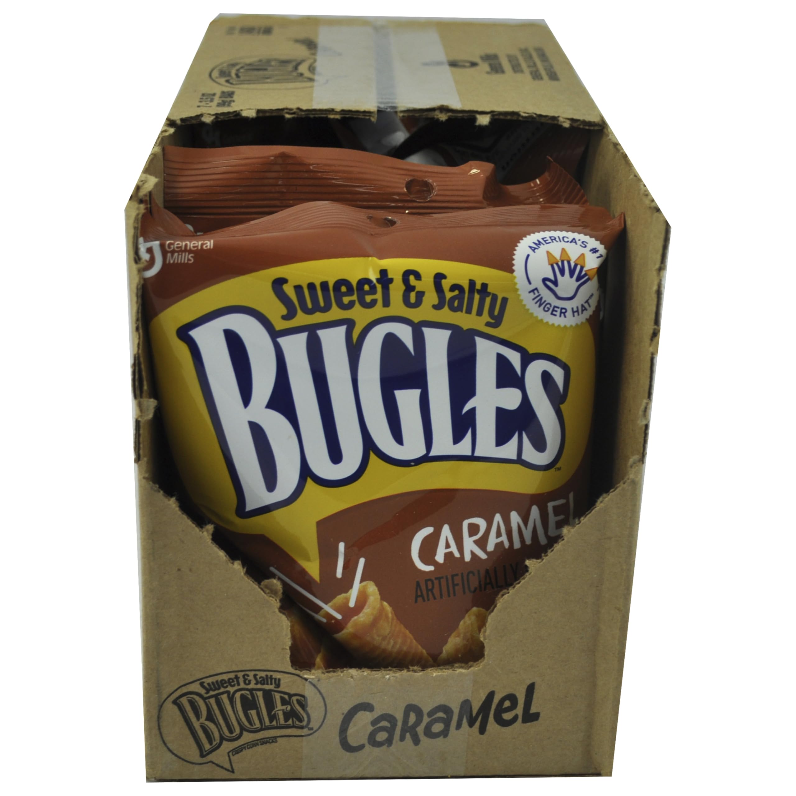 Open pack of Bugles Caramel Snacks ready to share.
