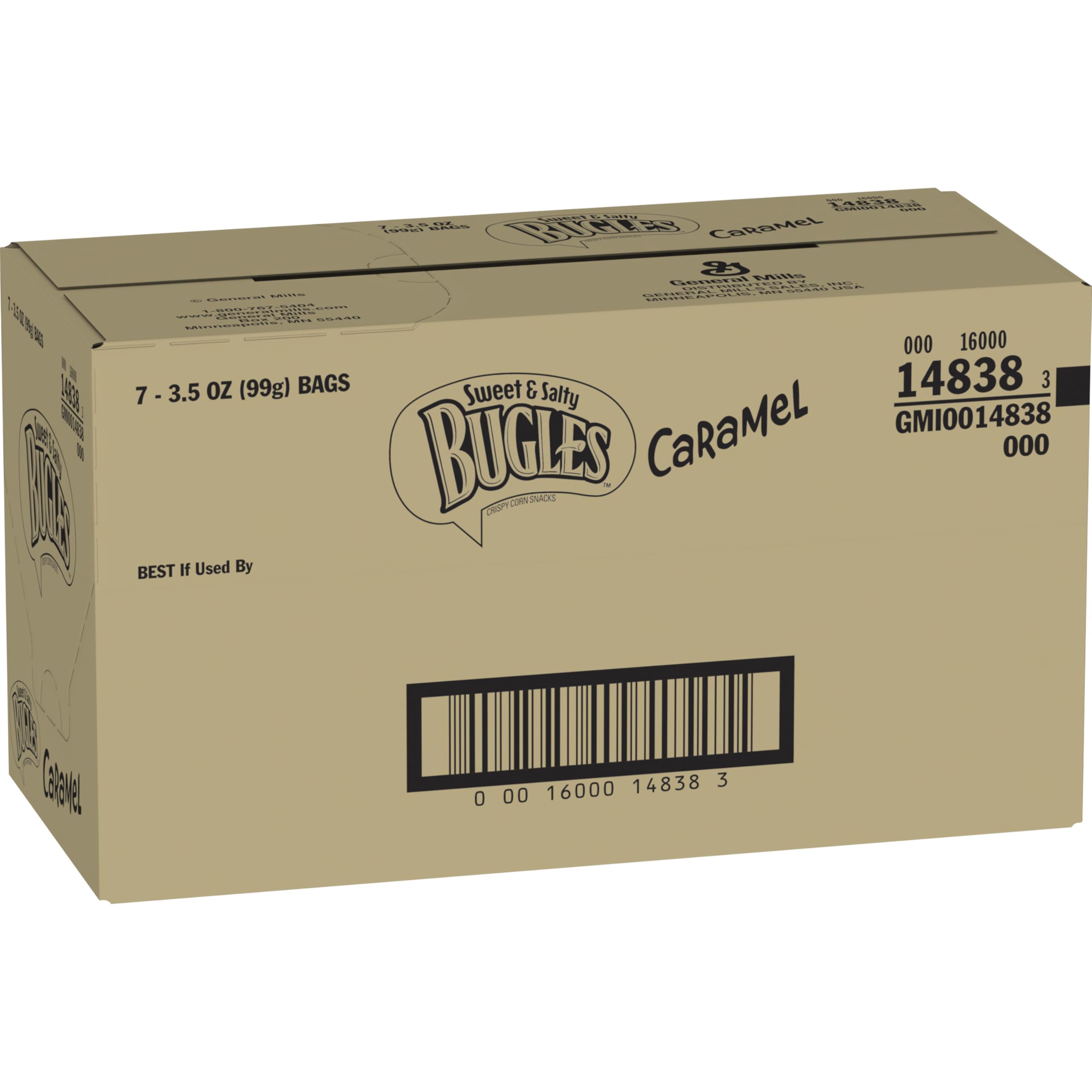 US-made Bugles Caramel Snacks label indicates quality.