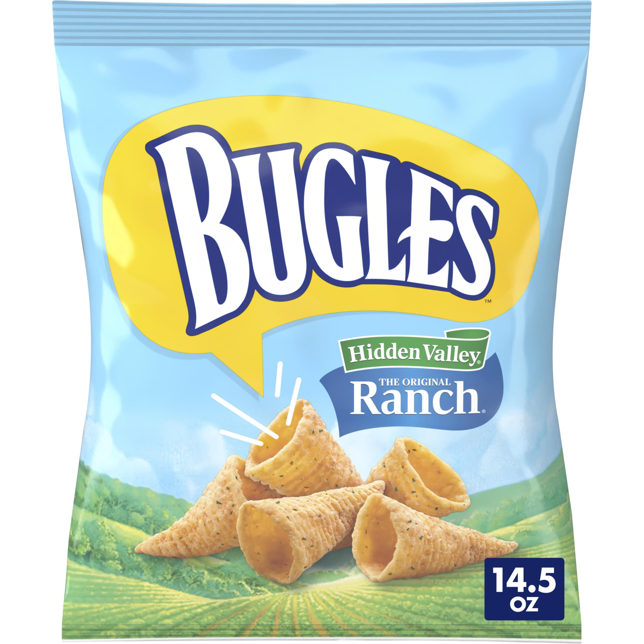 Bugles Hidden Valley Ranch bag showing cone-shaped snacks with savory ranch flavor.