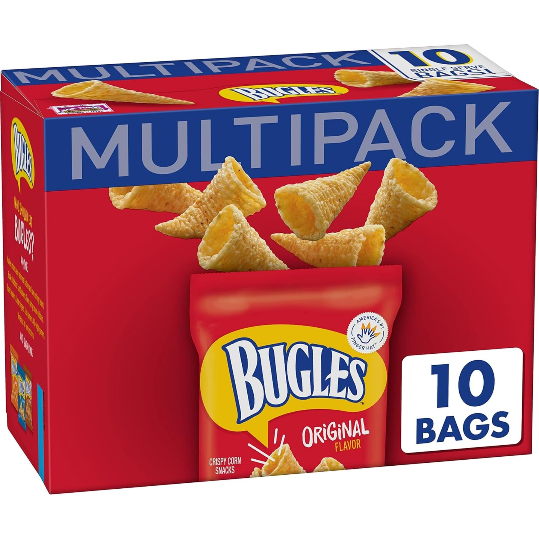 Bugles Original Crispy Corn Snacks packaging showing the 10-count multipack for on-the-go snacking.