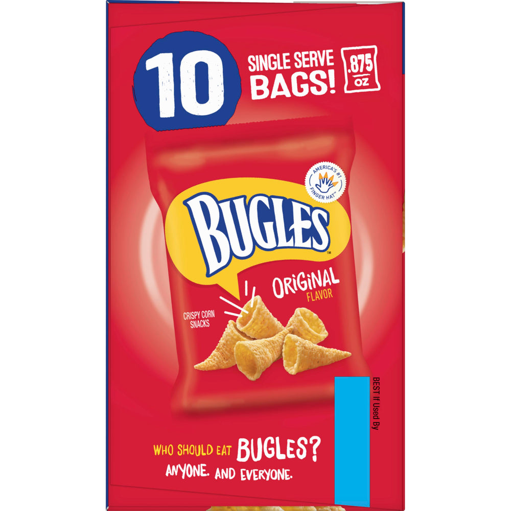 Bugles Original cone-shaped snack adds crunch to trail mix.
