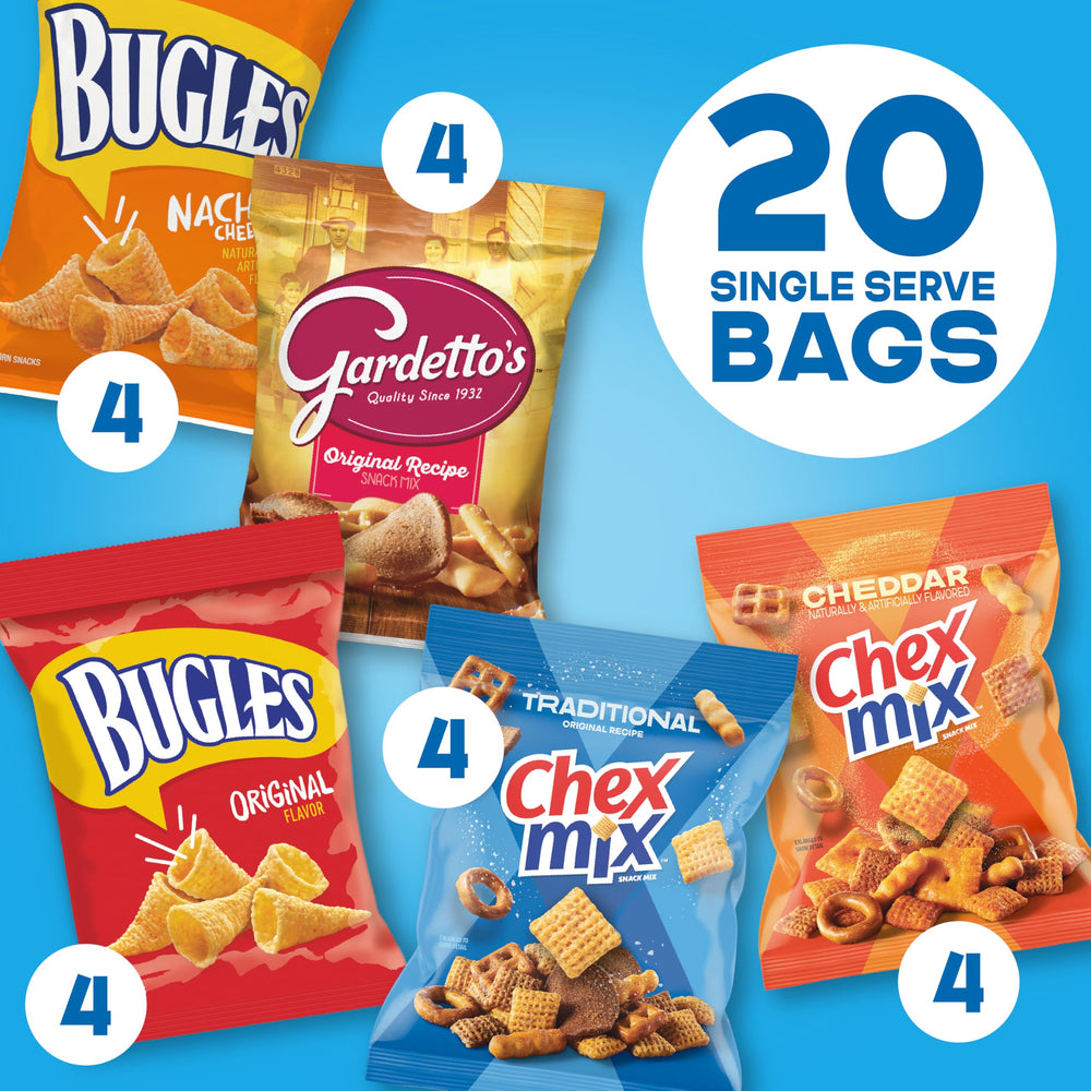 Bugles Original and Nacho Cheese snacks bags showcase crunchy party favorites.