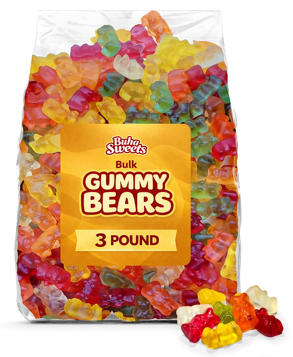 Buha Sweets bulk gummy bears 3lb bag in rainbow colors, ideal for parties and buffets.
