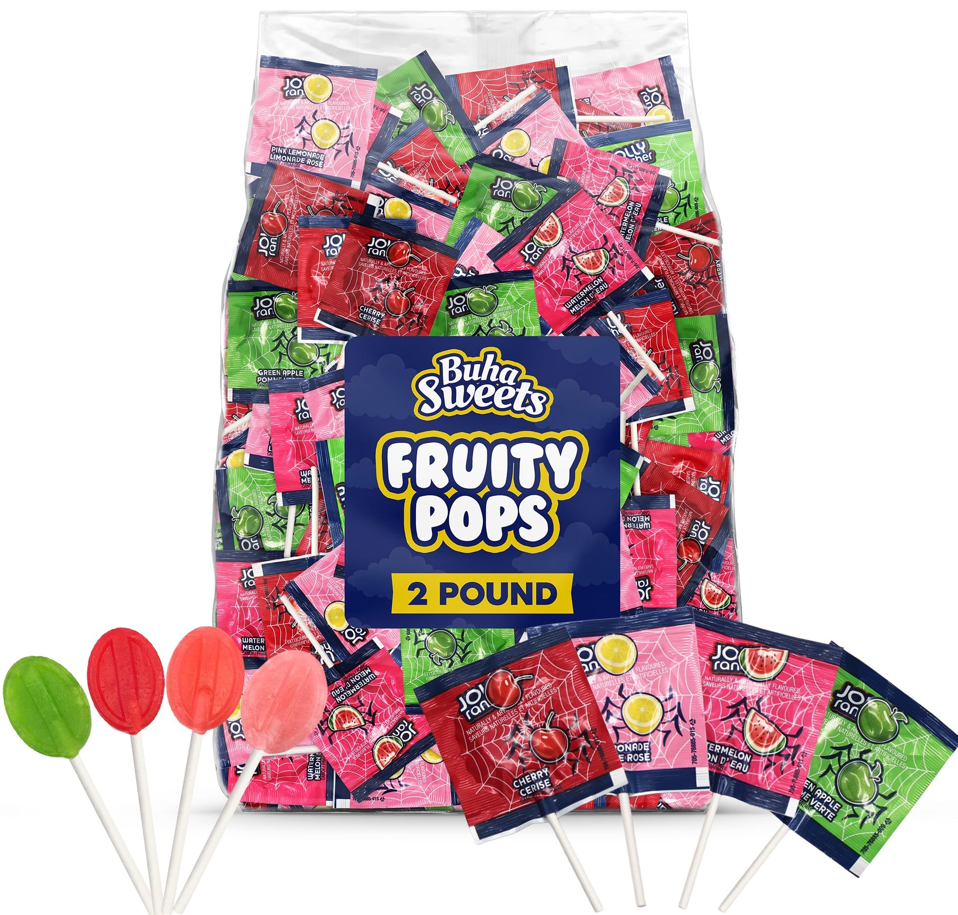 Buha Sweets Bulk Halloween Lollipops Variety Pack on a colorful party table for celebrations.