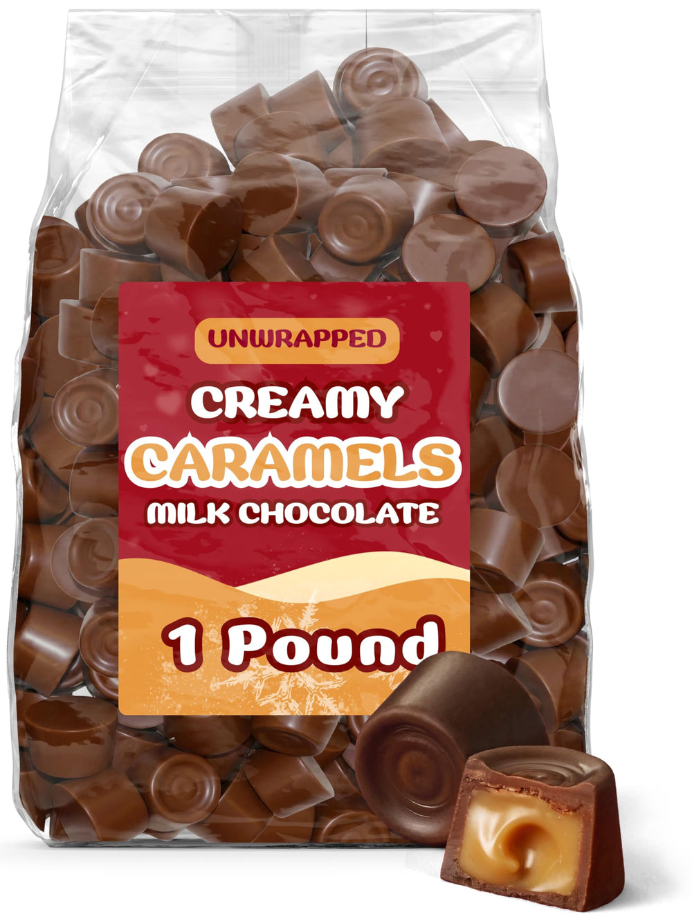 Buha Sweets bulk milk chocolate caramel cups in a 1 lb bag, perfect for holiday treats.