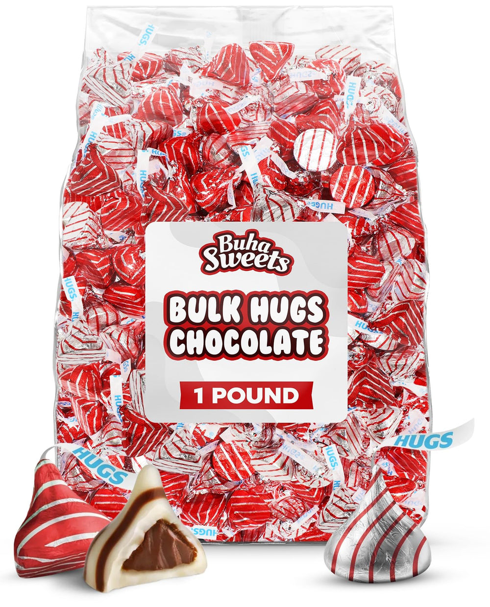 Buha Sweets bulk milk chocolate hugs bag is perfect for party candy buffets.
