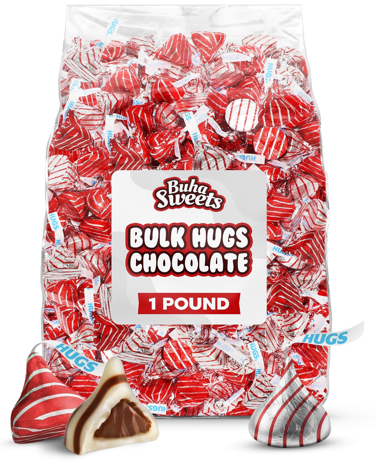 Buha Sweets bulk milk chocolate hugs bag is perfect for party candy buffets.