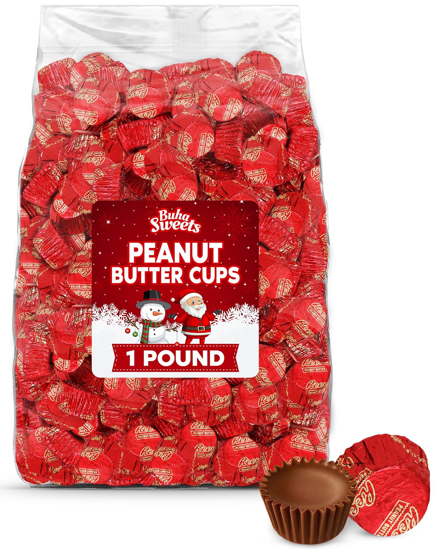 Buha Sweets Christmas milk chocolate peanut butter cups miniatures; festive treat for gift bags and buffets