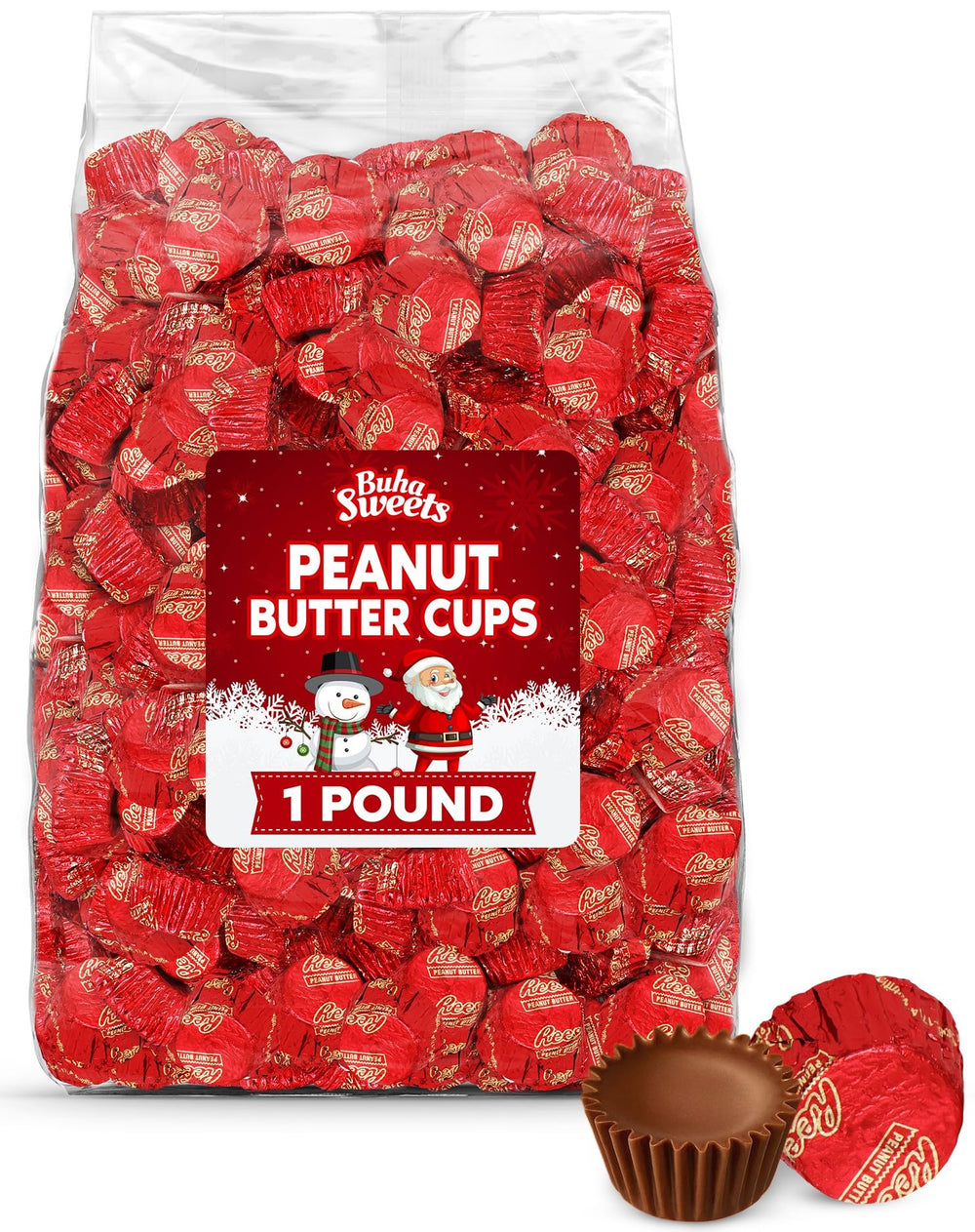 Buha Sweets Christmas milk chocolate peanut butter cups miniatures; festive treat for gift bags and buffets