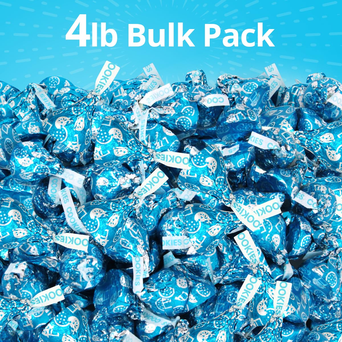 Buha Sweets Cookies & Cream Kisses blue-wrapped chocolates close-up for dessert tables.