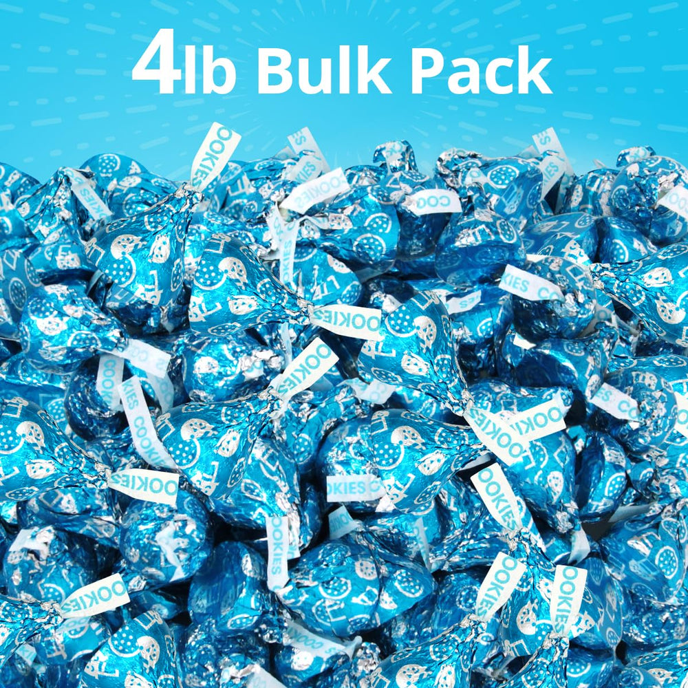 Buha Sweets Cookies & Cream Kisses blue-wrapped chocolates close-up for dessert tables.