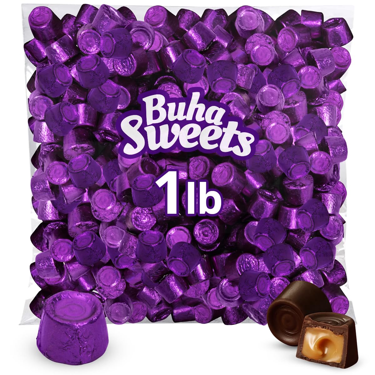 Buha Sweets dark chocolate filled salted caramel 1lb pack—perfect for gifting and sharing.