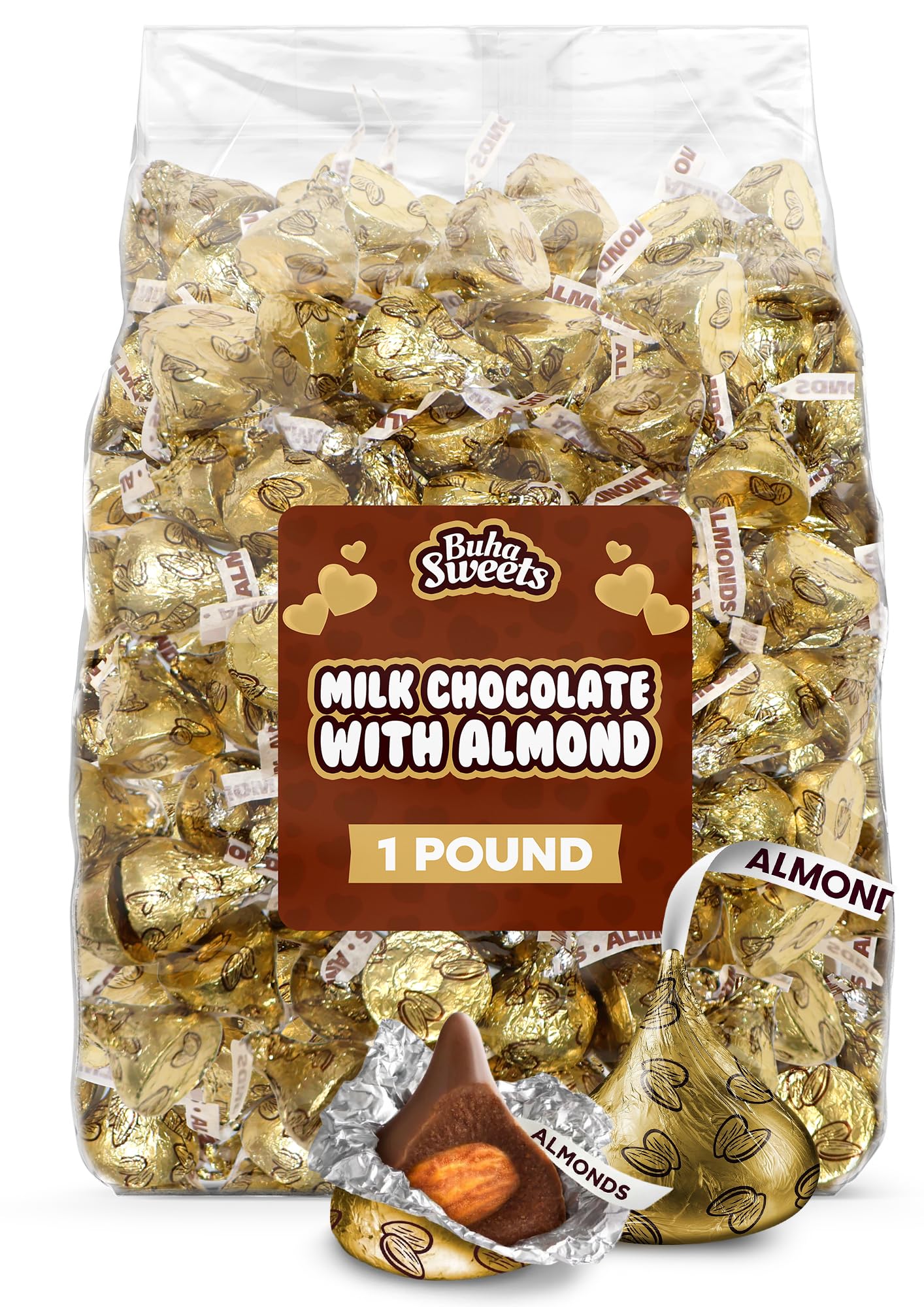 Buha Sweets gold-foil almond milk kiss in a 1lb bag, ideal for gift baskets.