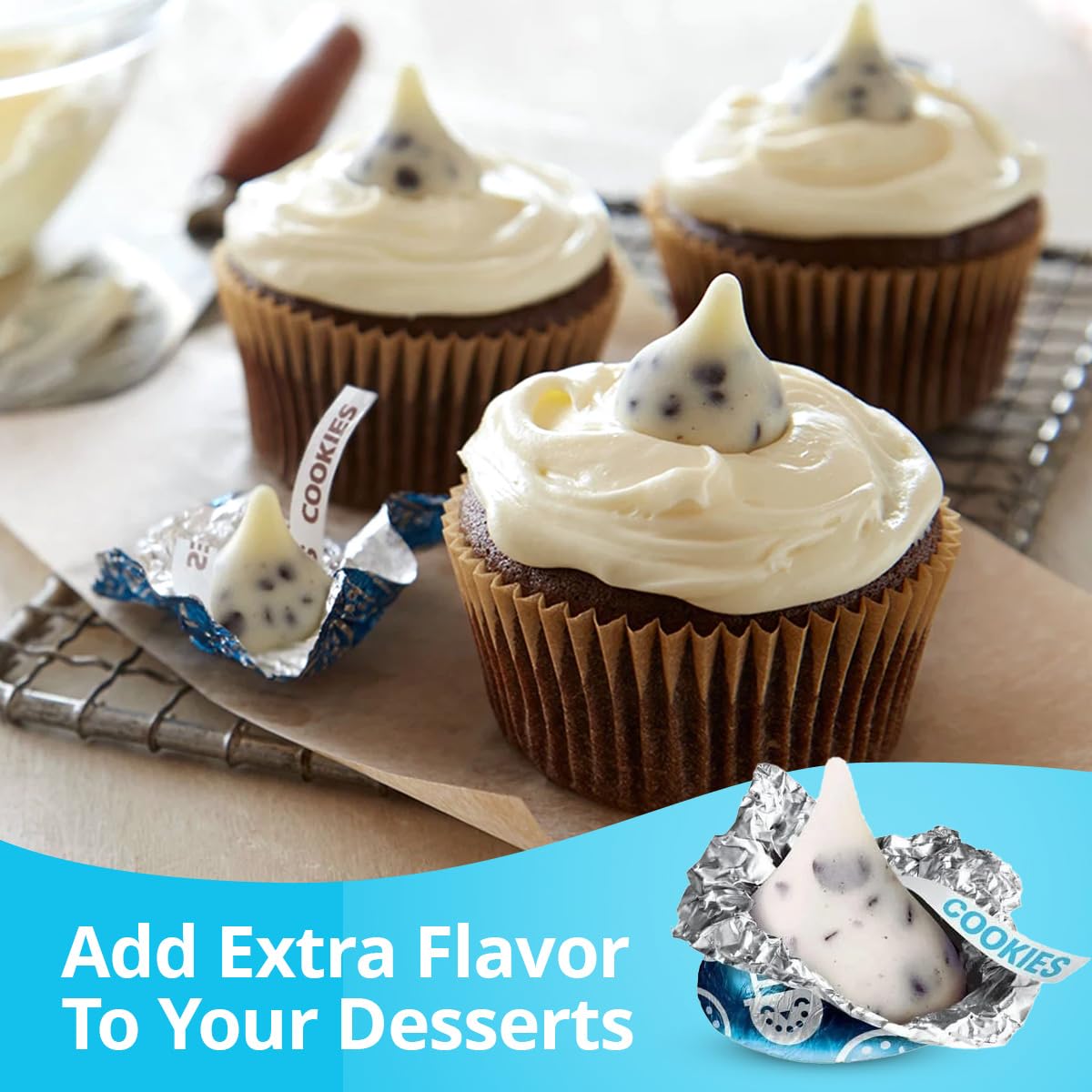 Buha Sweets Cookies & Cream Kisses blue-wrapped display at a party.