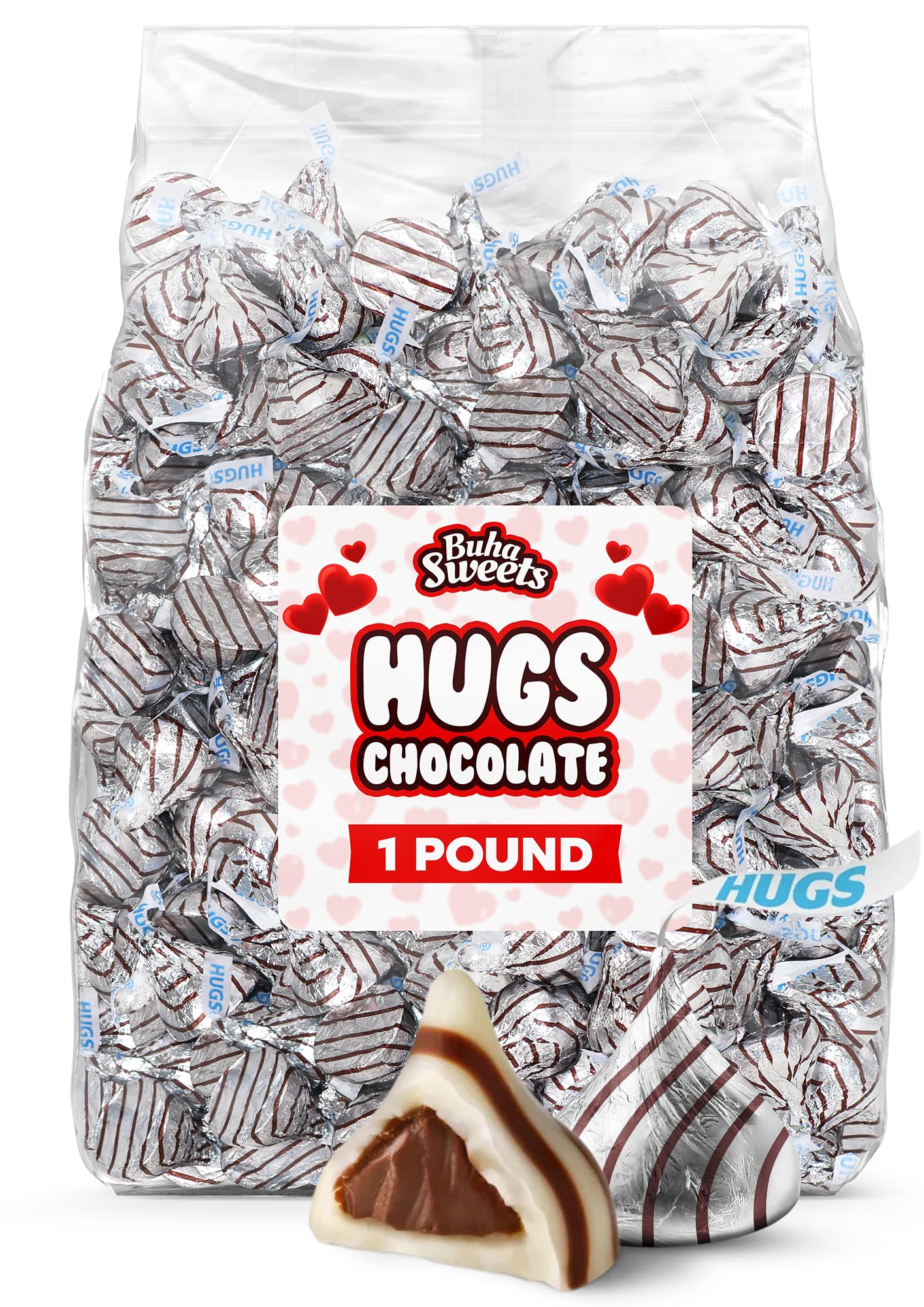 Buha Sweets Milk Chocolate Hugs, individually wrapped for freshness and easy sharing.