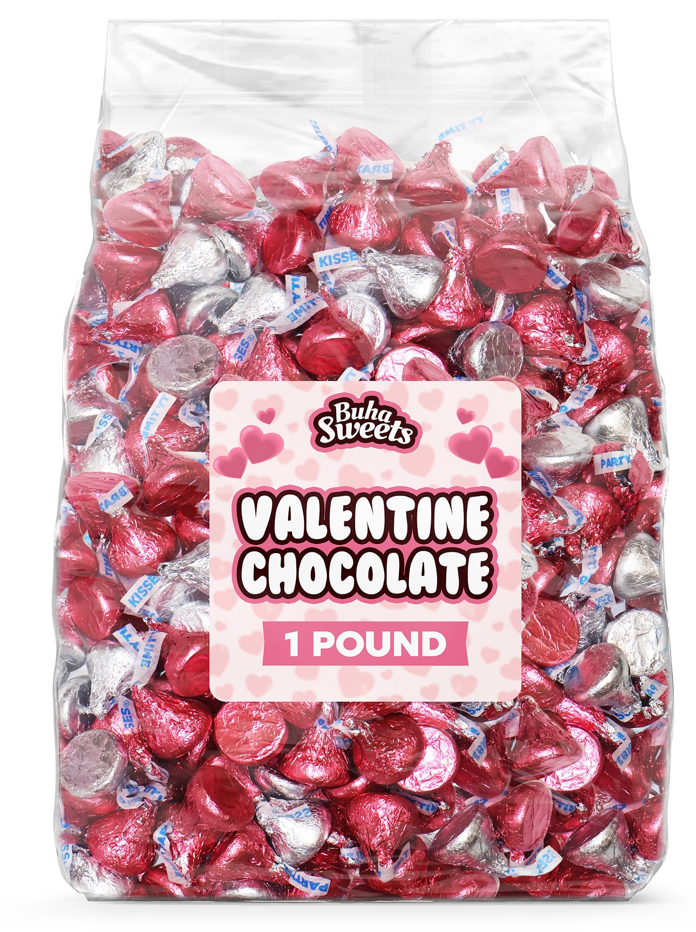 Buha Sweets pink-silver foil milk chocolate in a decorative bowl for festive displays
