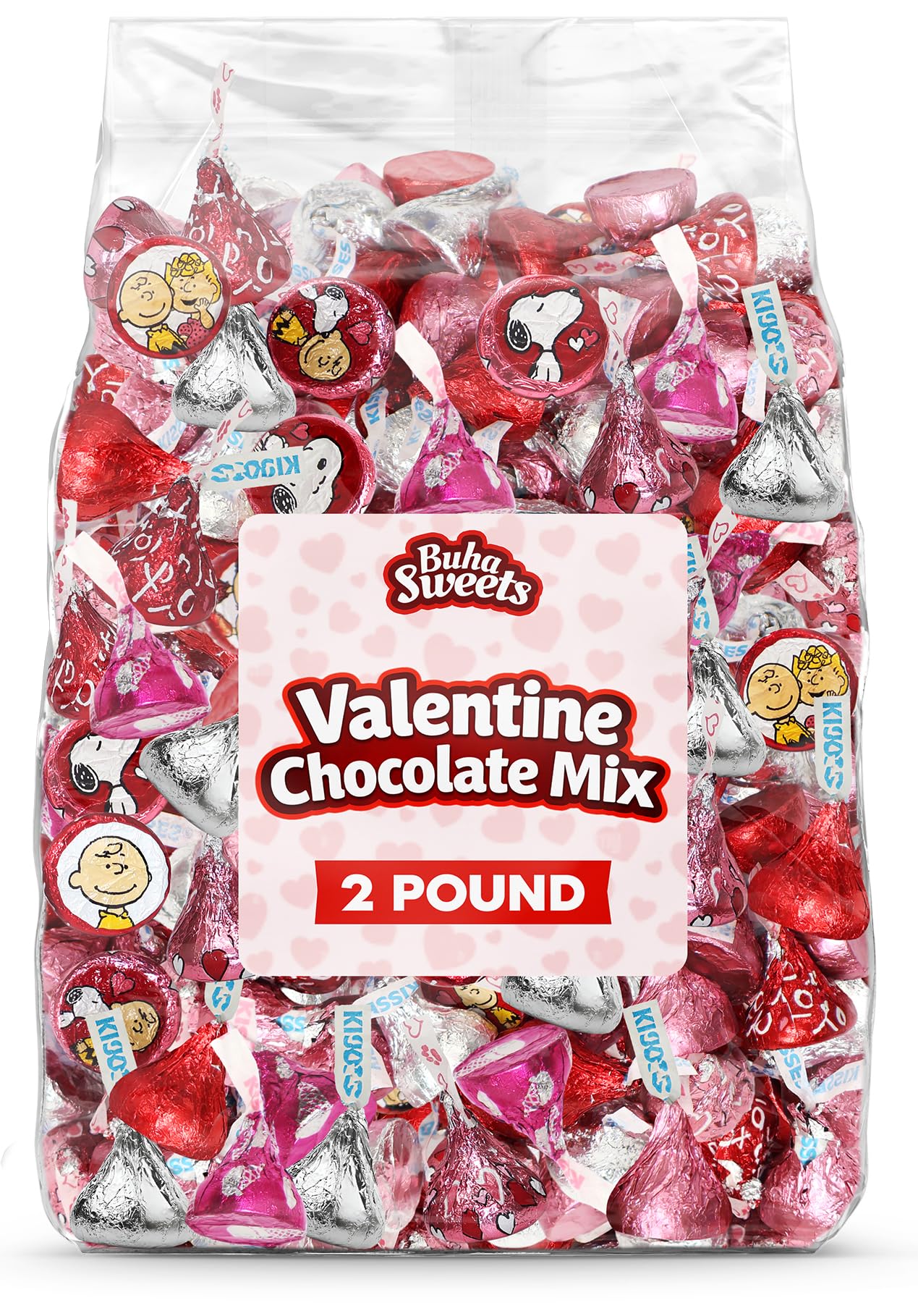 Buha Sweets valentines chocolates with festive foil designs for party display.