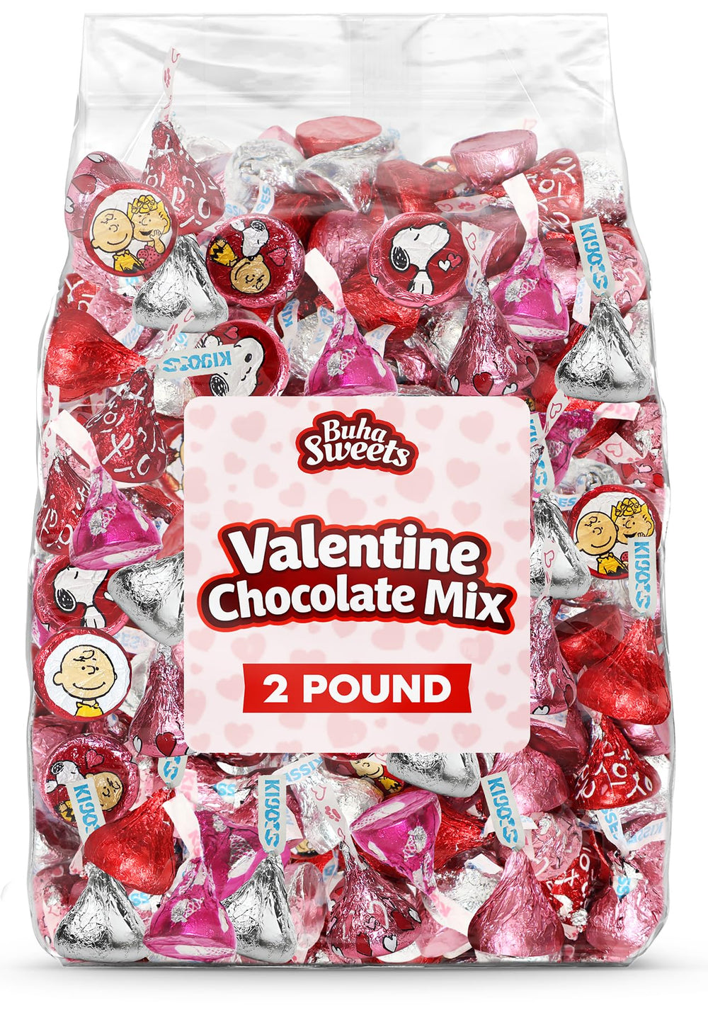 Buha Sweets valentines chocolates with festive foil designs for party display.