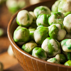 Close-up of ultra-crunchy Wasabi Peas with bold heat and crisp bite.