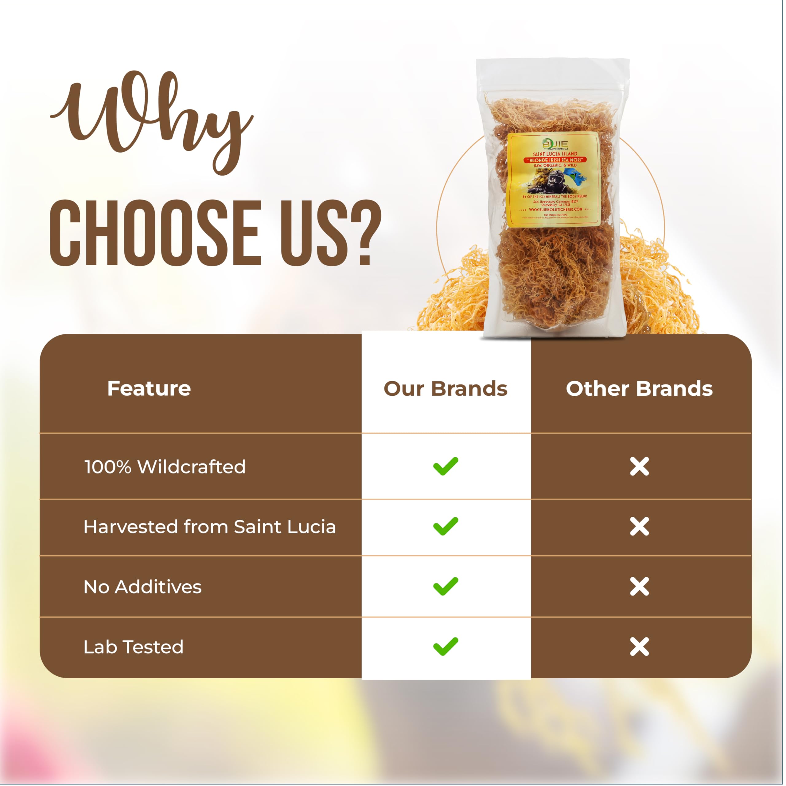 BUIE Golden Irish Sea Moss packaging with nutrition label for informed choices.