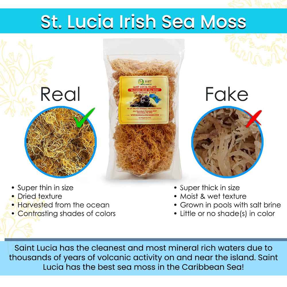 BUIE Golden Irish Sea Moss wildcrafted harvest conveys freshness and quality from St. Lucia.