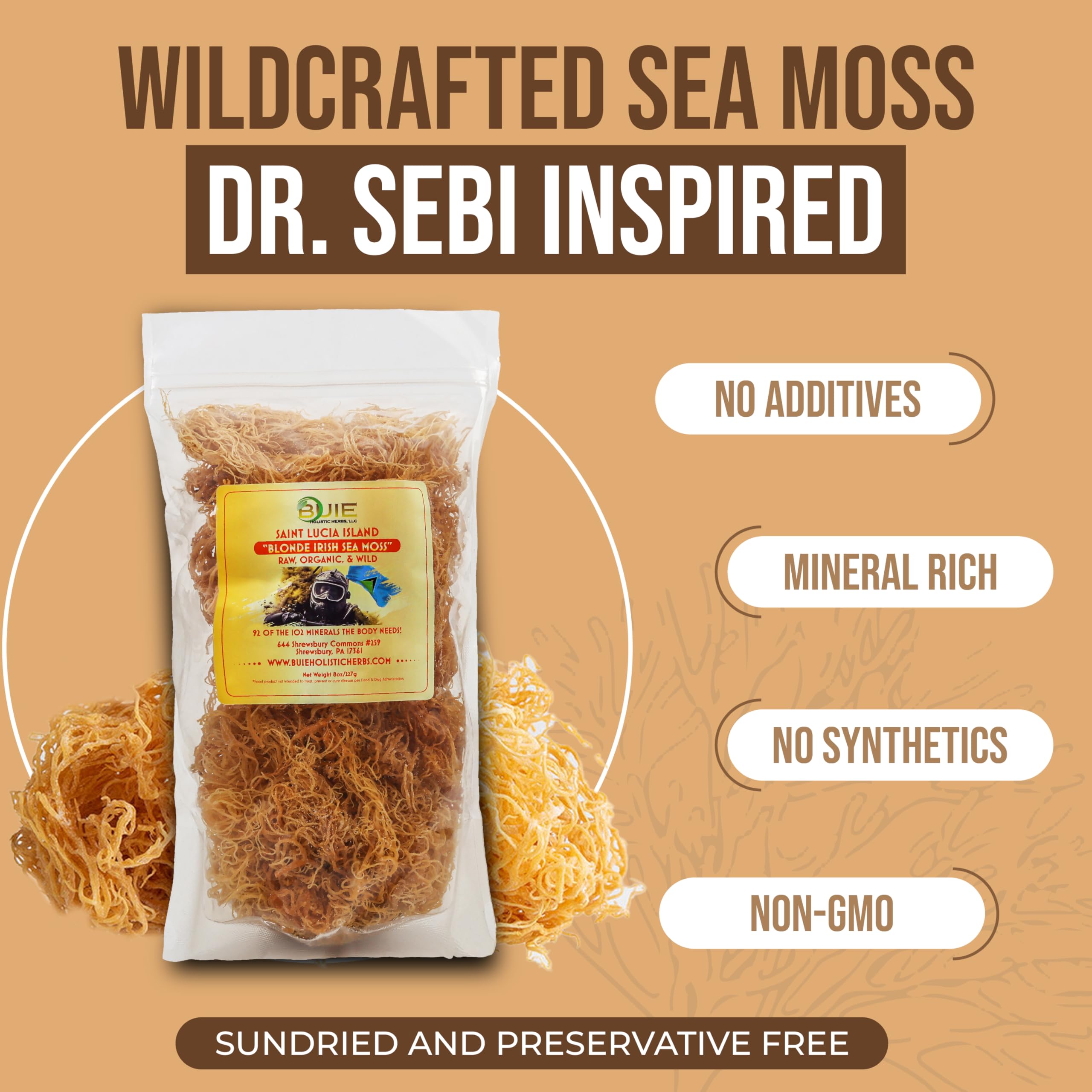 BUIE Golden Irish Sea Moss tub highlights raw sun-dried form for versatile recipes.