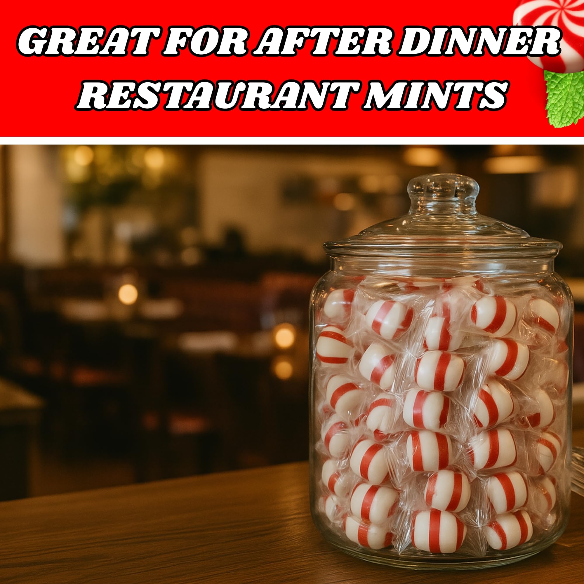 Bulk Bites Peppermint Puff Mints displayed in a restaurant setup.