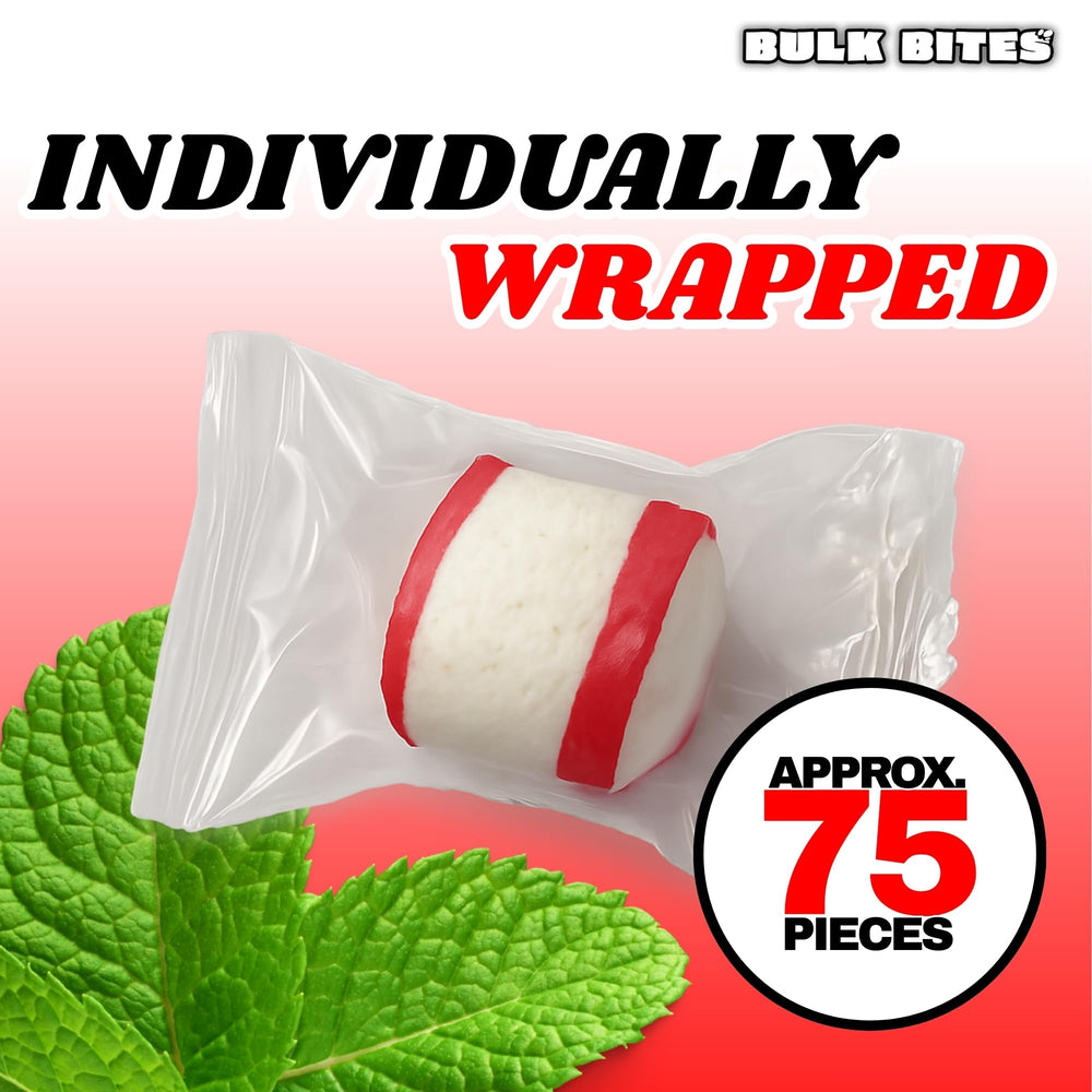 Bulk Bites Peppermint Puff Mints texture close-up, melt-in-your-mouth appeal.