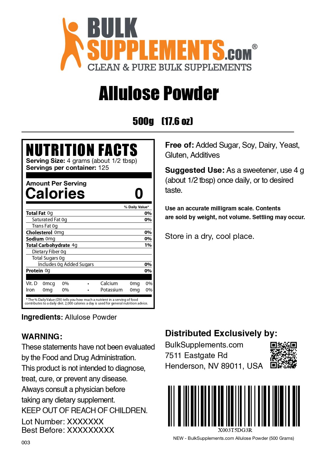 BulkSupplements Allulose powder label highlights gluten-free purity and quality.