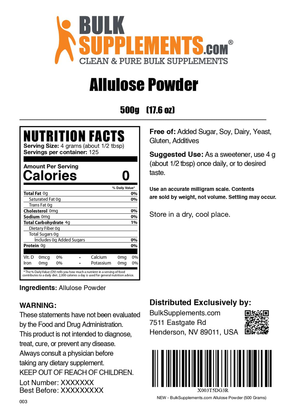 BulkSupplements Allulose powder label highlights gluten-free purity and quality.